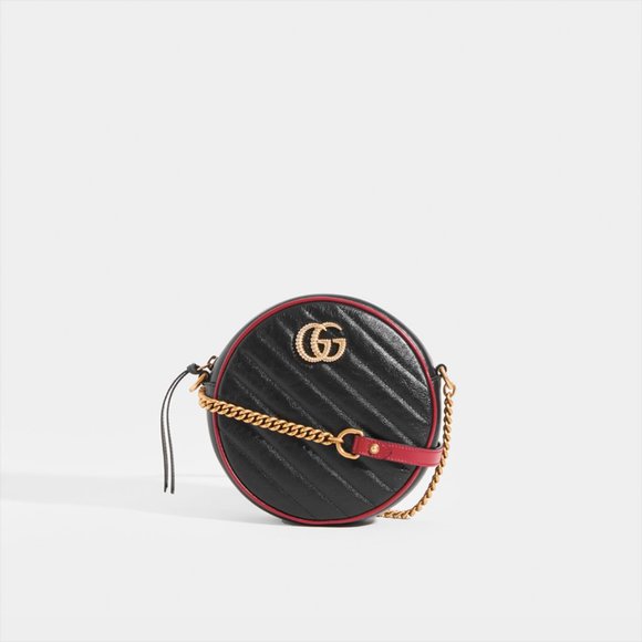 RARE!!Gucci GG Mini Marmont Round Shoulder Bag in Black with Red Trim NWT - Picture 1 of 6